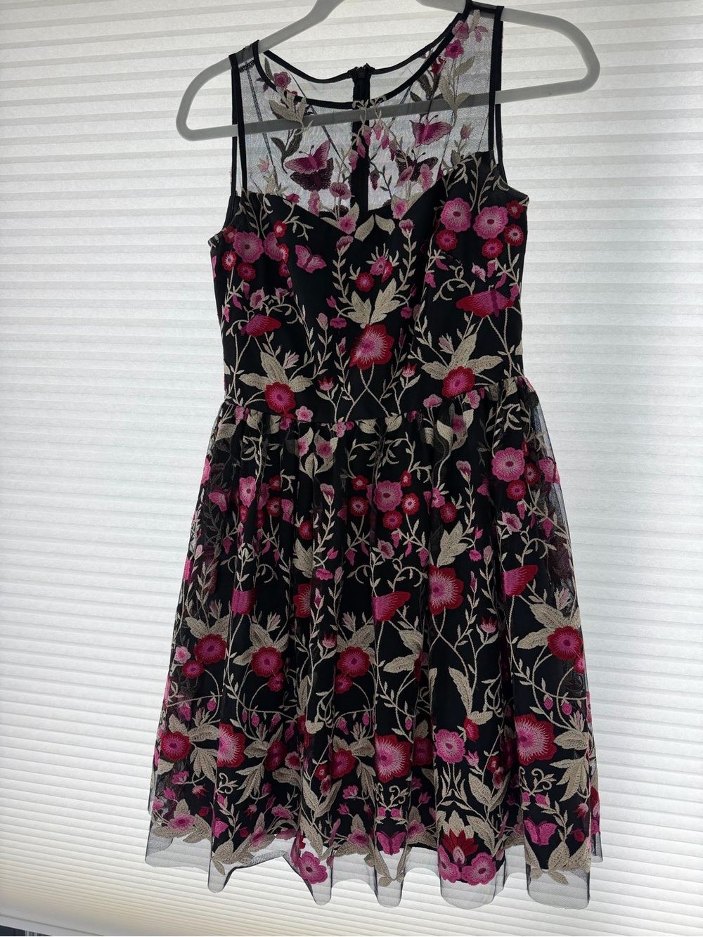 Shoshanna Black Dress with Pink and Cream Floral Embroidery
